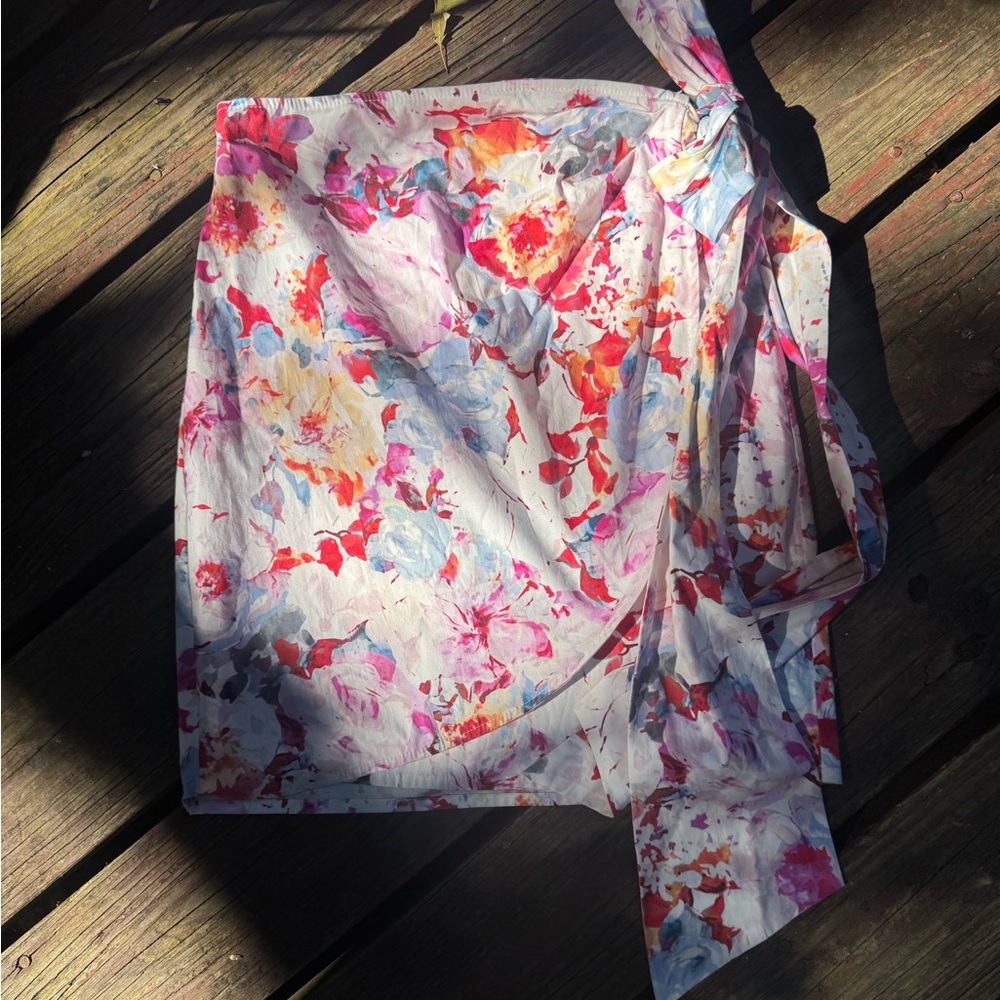 Floral Wrap Pencil Skirt in White with Pink & Red Accents